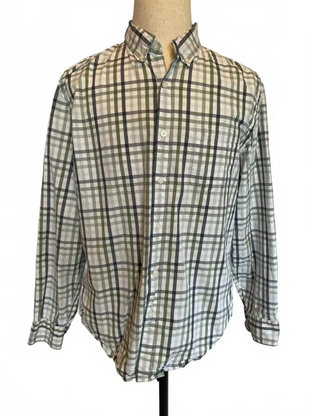 J.Crew Classic Flex Washed Green White Plaid Button Down Shirt Men’s XL Stretch